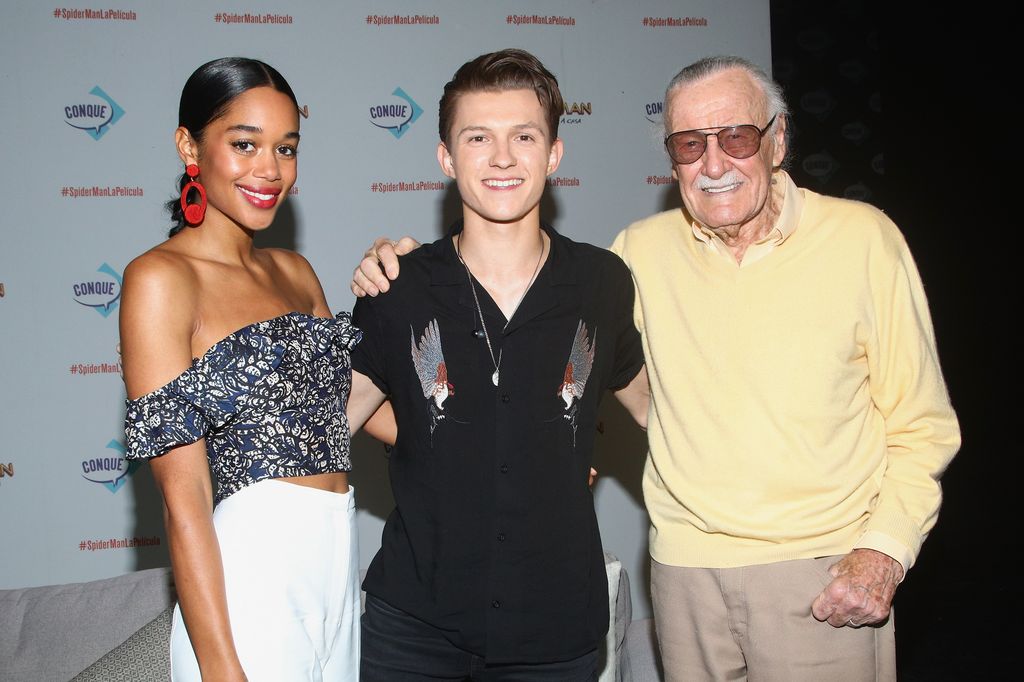 QUERETARO, MEXICO - MAY 06: (L-R) Actors Laura Harrier and Tom Holland and Stan Lee attend CONQUE to promote the new film "Spider-Man: Homecoming" at Centro De Congresos De Queretaro on May 6, 2017 in Queretaro, Mexico.  (Photo by Victor Chavez/WireImage)