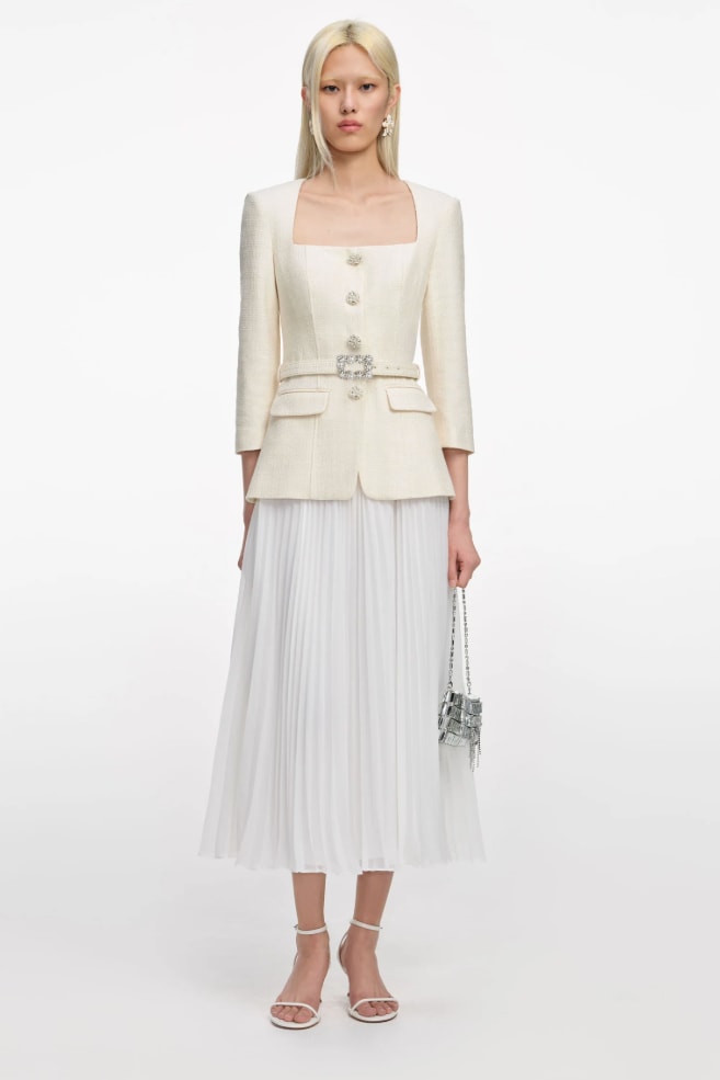 Cream Boucle Long Sleeve Chiffon Midi Dress
