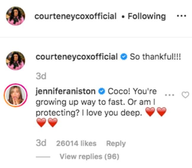 jennifer aniston questions message courteney cox daughter