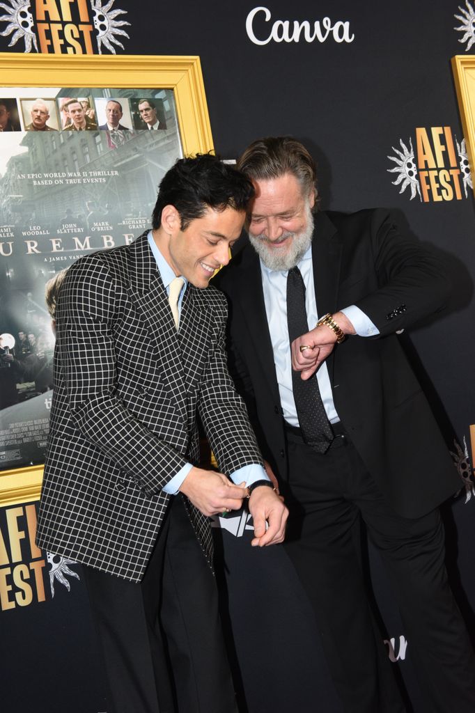Rami Malek and Russell Crowe attend the "Nuremberg" AFI Fest red carpet premiere screening at TCL Chinese Theatre on October 24, 2025 in Hollywood, California.
