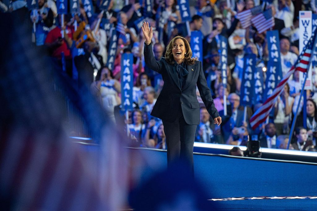 Vice President Kamala Harris, the 2024 Democratic Party nominee for President of the US, delivers her acceptance speech for the official Democratic Presidential nomination at the 2024 Democratic National Convention