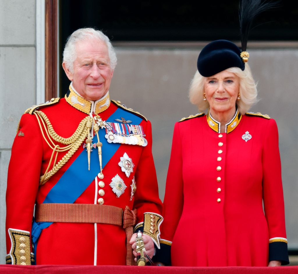 King Charles III and Queen Camilla watch an RAF flypast during Trooping the Colour on June 17, 2023 