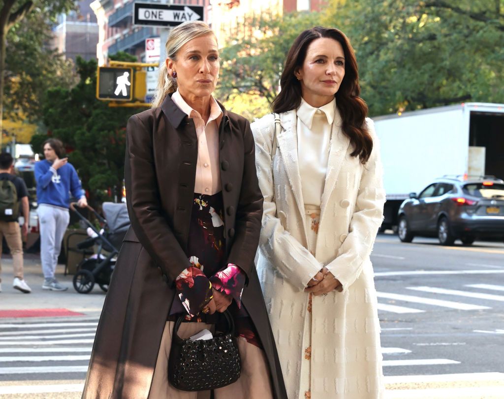 Sarah Jessica Parker and Kristin Davis are seen on the set of "And Just Like That..." 