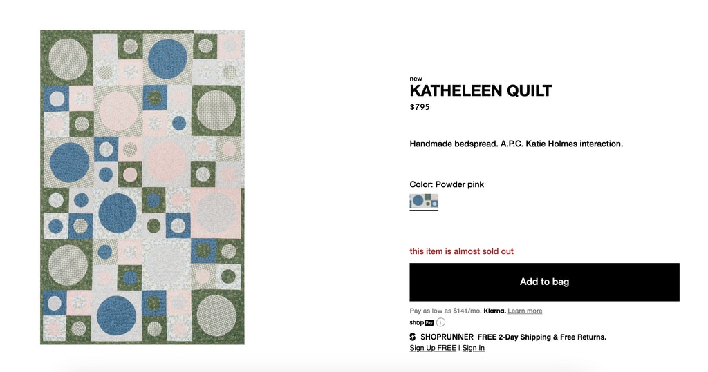 A look at Katie Holmes' mom's gorgeous quilt - which is nearly sold out on A.P.C.