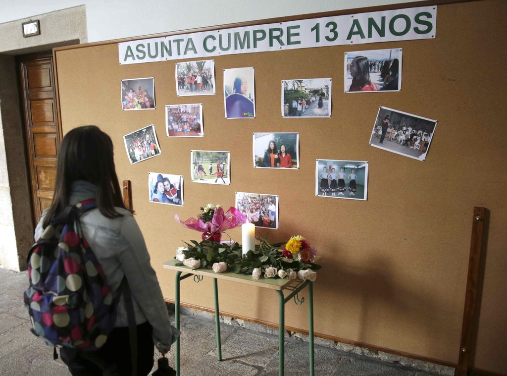 A Girl Looks the Mural with pictures of Asunta Basterra the 12-year-old girl