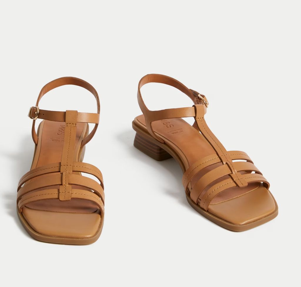 M&S Wide Fit Leather T Bar Block Heel Sandals