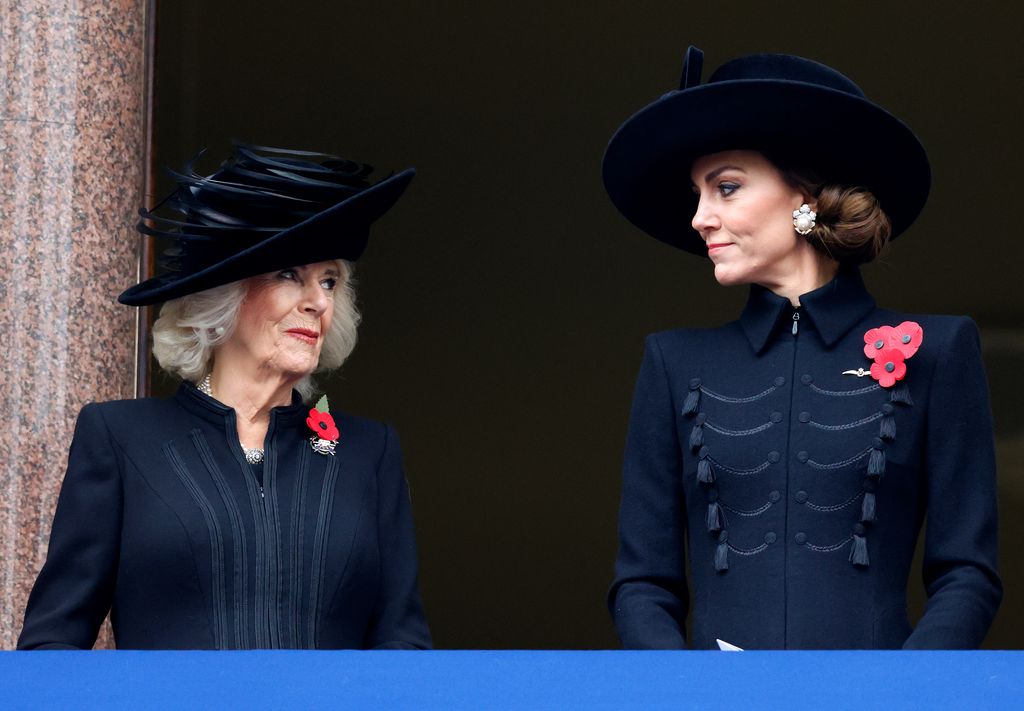 Queen Camilla and Catherine, Princess of Wales attend the National Service of Remembrance at The Cenotaph on November 12, 2023