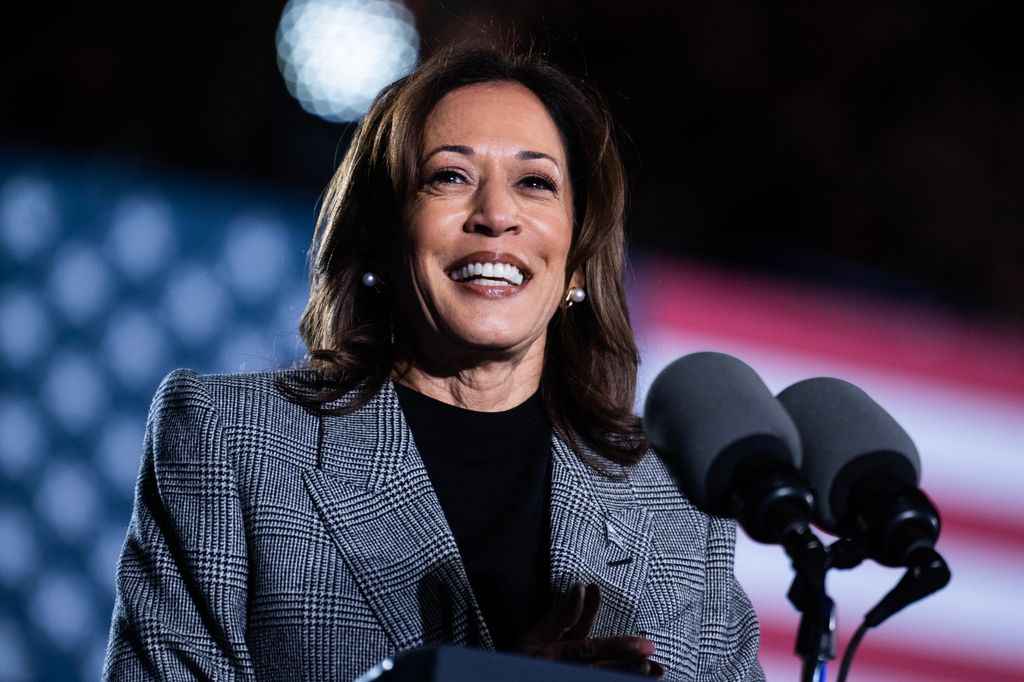 President Kamala Harris, Democratic nominee for president, speaks during a rally at Burns Park in Ann Arbor, Mich