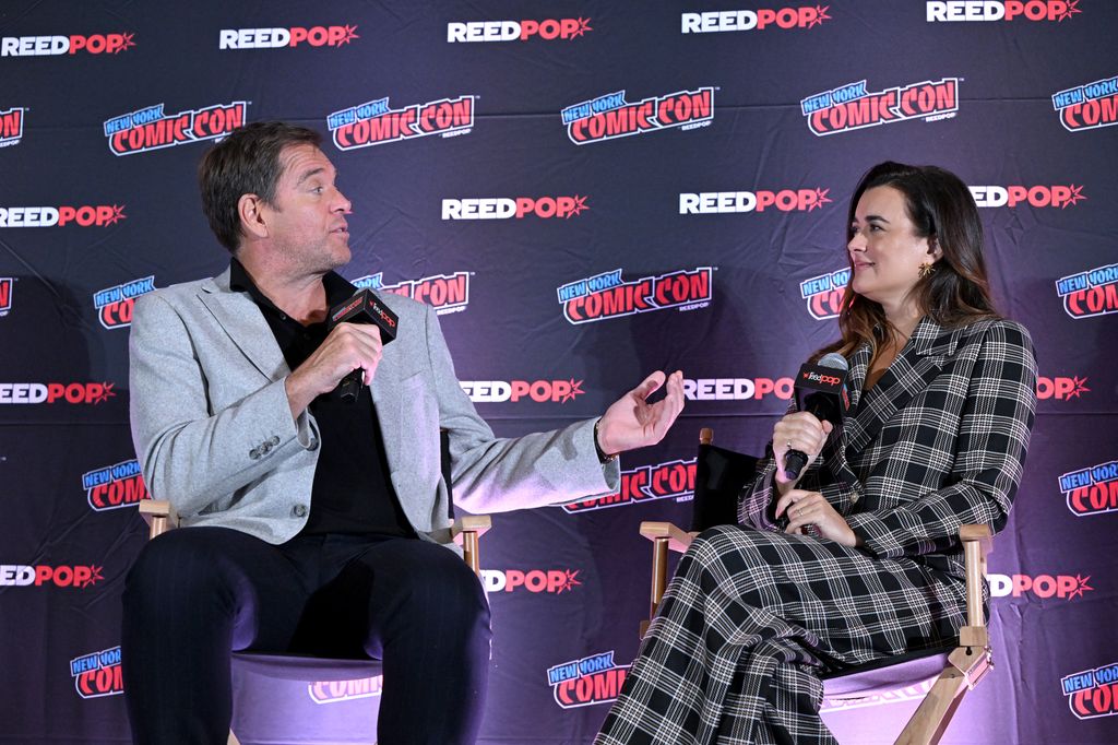 Michael Weatherly and Cote de Pablo speak onstage during the NCIS: Tony & Ziva Panel at New York Comic Con at Jacob Javits Center on October 09, 2025 in New York City