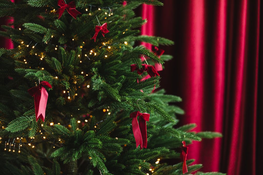 red bows and lights on christmas tree