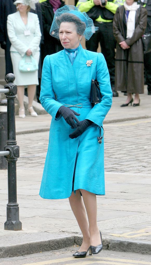 Princess Anne in a turquoise coat dress at Charles and Camilla's wedding