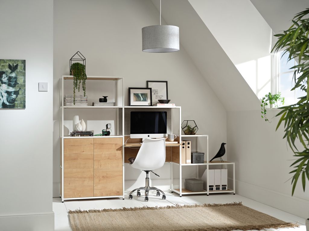 A home office with modular desk system