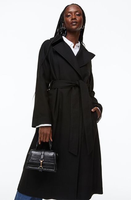 black longline belted coat h and m