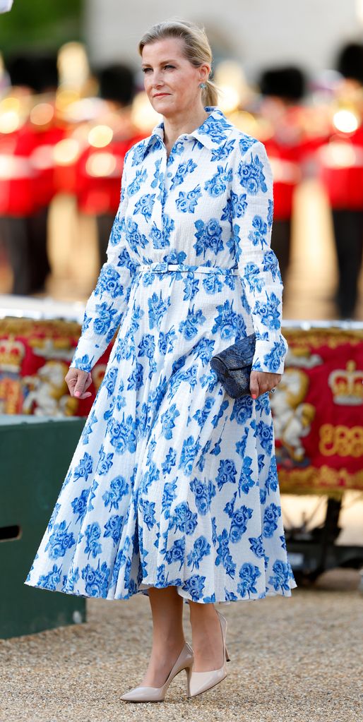 Sophie, Duchess of Edinburgh in blue and white floral dress