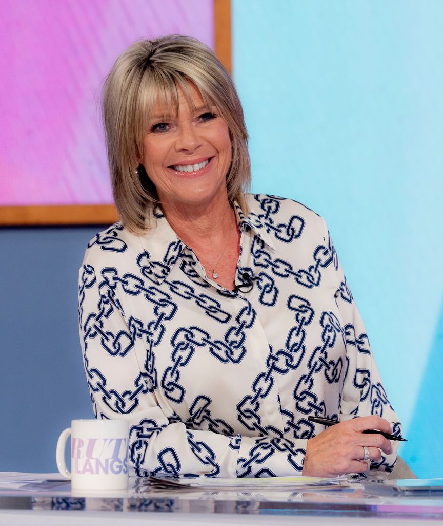 Ruth Langsford smiling in a chain print shirt on Loose Women