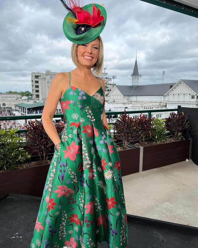 Dylan Dreyer wearing a emerald green spaghetti silk dress and fascinator 