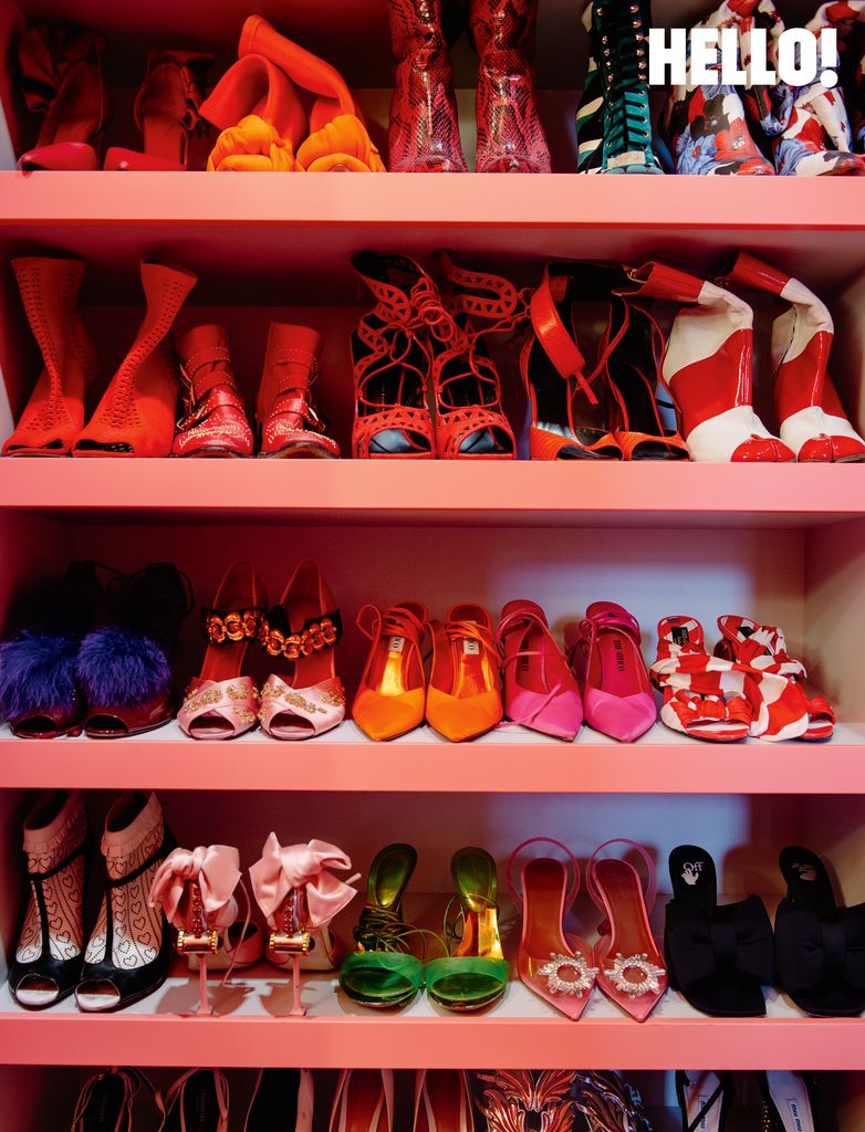 Her colourful shoe closet in her pink dressing room in the three-storey apartment in Antwerp’s Graanmarkt Square