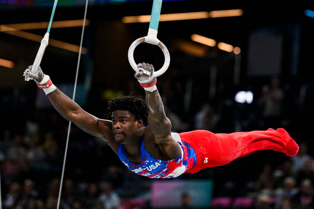 Frederick Richard from Team United States competes on the rings during the Artistic Gymnastics Men's Qualification on day one of the Olympic Games 