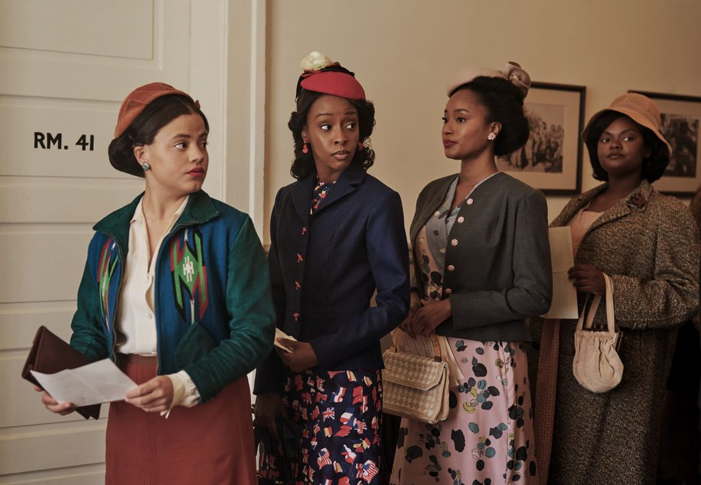 Sarah Jeffrey as Dolores Washington, Ebony Obsidian as Lena Derriecott King, Pepi Sonuga as Elaine White and Shanice Shantay as Johnnie Mae in The Six Triple Eight