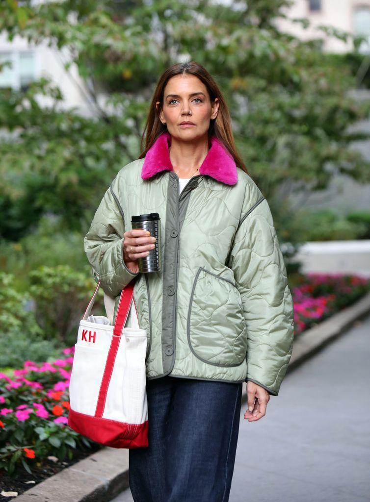 Katie Holmes carries a Lands' End canvas tote bag during a walk in uptown Manhattan on September 23, 2024 in New York City