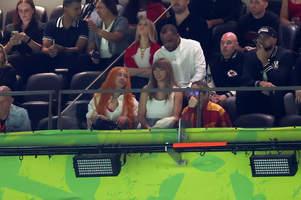 (L-R) Ice Spice, Ashley Avignone, and Taylor Swift attend the Super Bowl 
