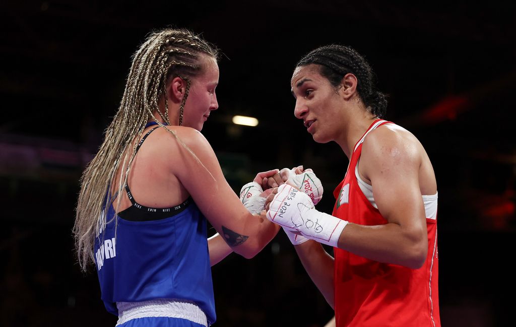 Imane Khelif interacting with Luca Hamori following boxing match