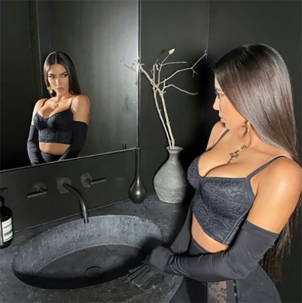 kim kardashian black underwear in granite bathroom