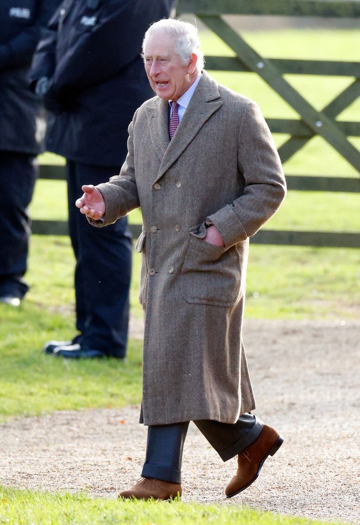 SANDRINGHAM, NORFOLK - JANUARY 01: (EMBARGOED FOR PUBLICATION IN UK NEWSPAPERS UNTIL 24 HOURS AFTER CREATE DATE AND TIME) King Charles III departs after attending the New Year's Day service at the Church of St Mary Magdalene on the Sandringham estate on January 1, 2023 in Sandringham, Norfolk. (Photo by Max Mumby/Indigo/Getty Images)