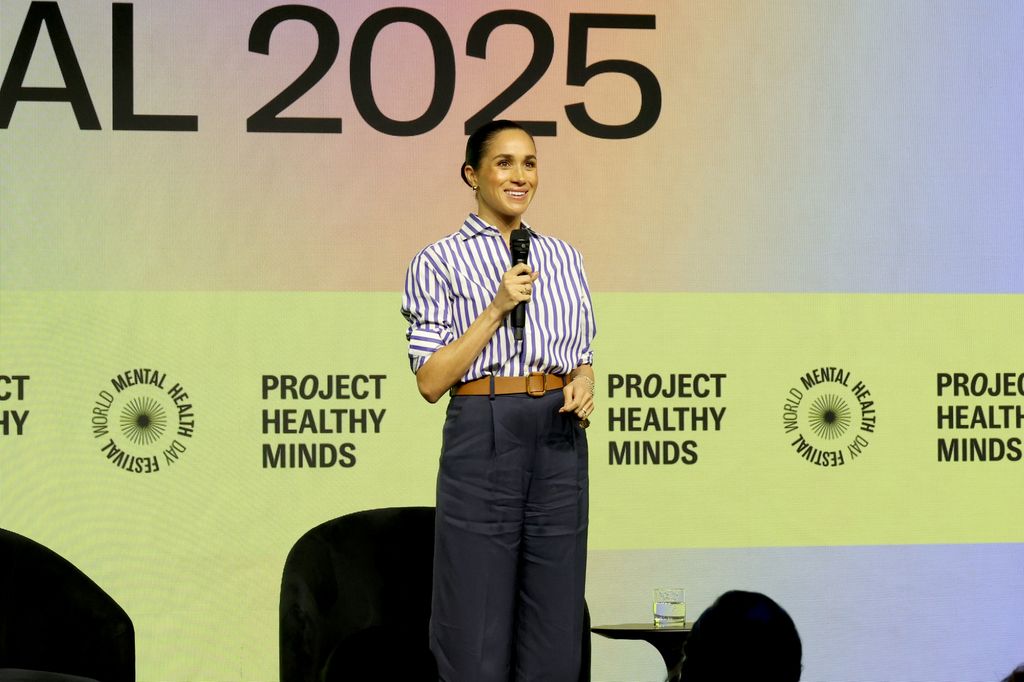 NEW YORK, NEW YORK - OCTOBER 10: Meghan, Duchess of Sussex, speaks onstage during the Project Healthy Minds World Mental Health Day Festival at Spring Studios on October 10, 2025 in New York City. (Photo by Rob Kim/Getty Images for Project Healthy Minds)