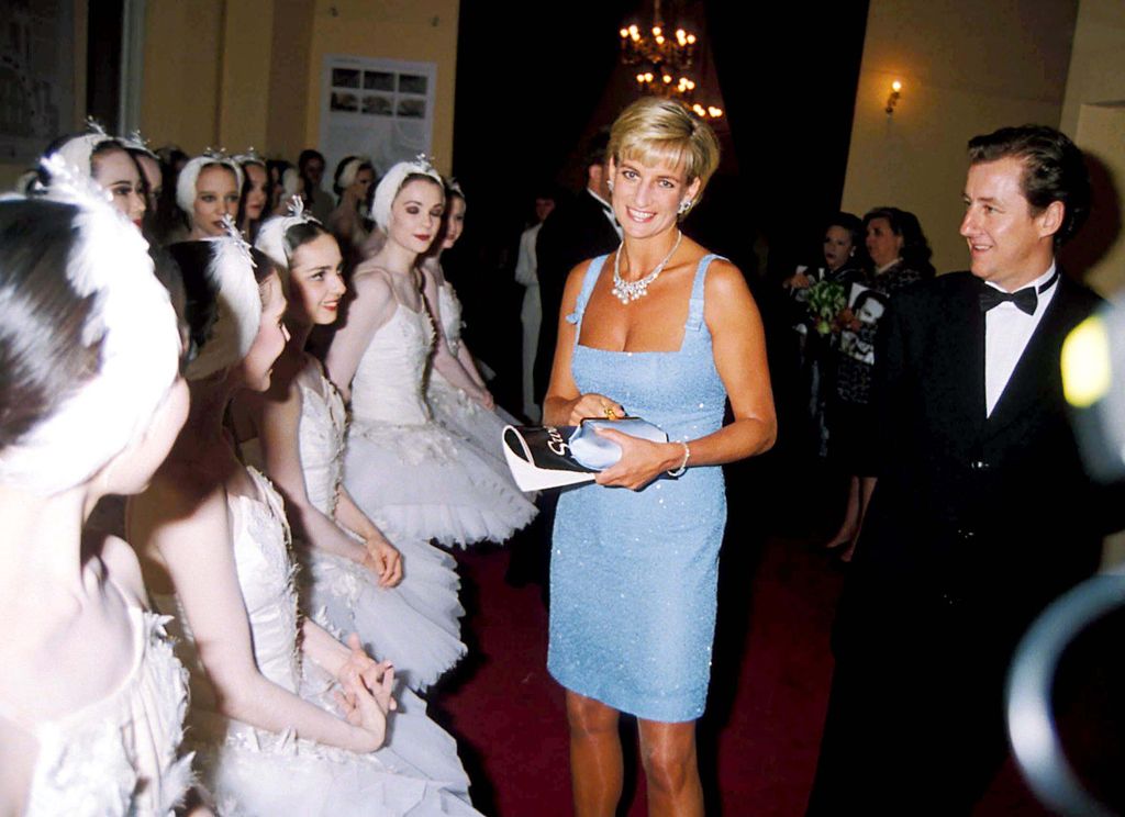 Princess Diana in her Jacques Azagury dress at a gala performance of Swan Lake at the English National Ballet