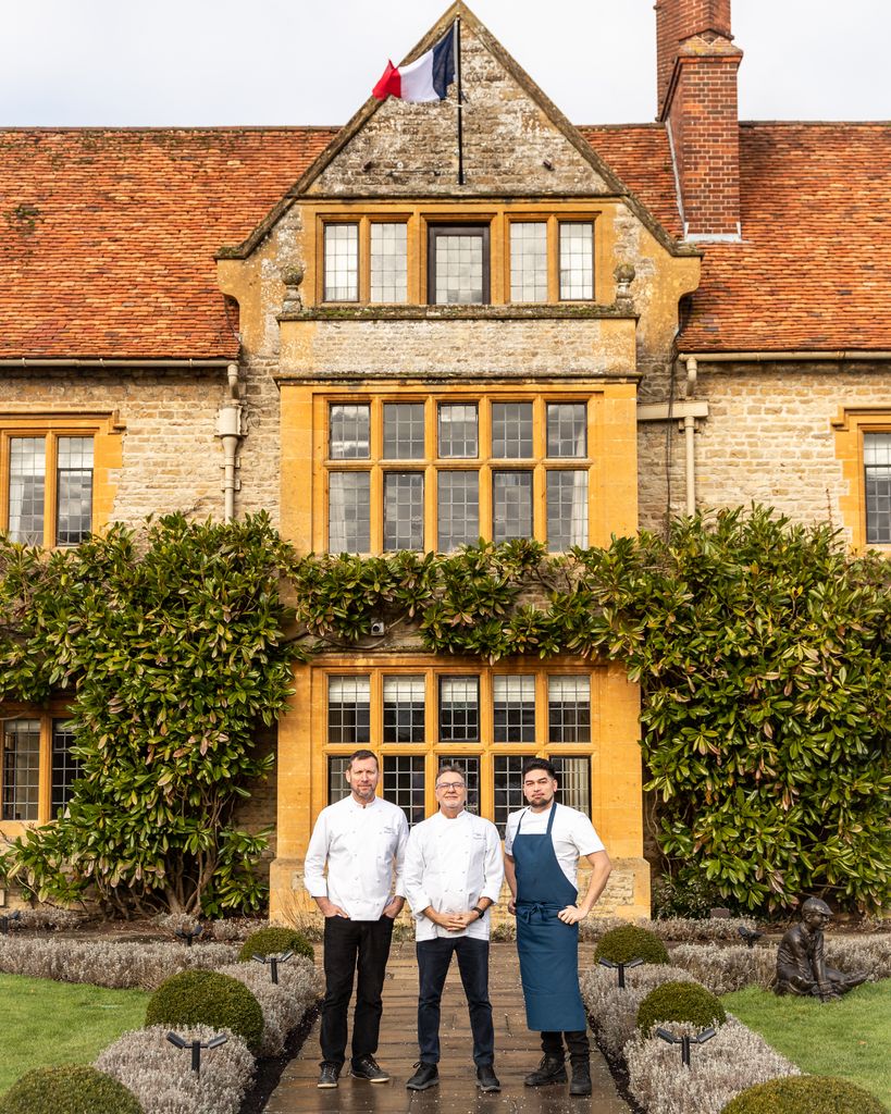 Chef Patron, Raymond Blanc, Executive Head Chef, Luke Selby and Chef Patisserier, Benoit Blin outside leafy hotel exterior