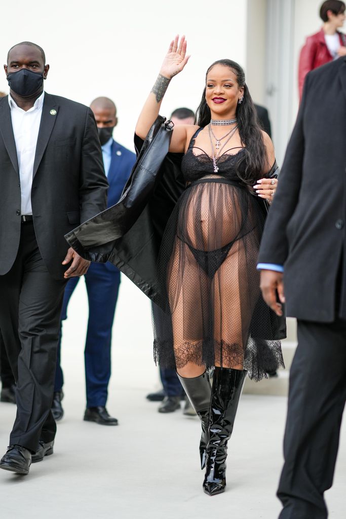 Rihanna in sheer dress showing off her bump 