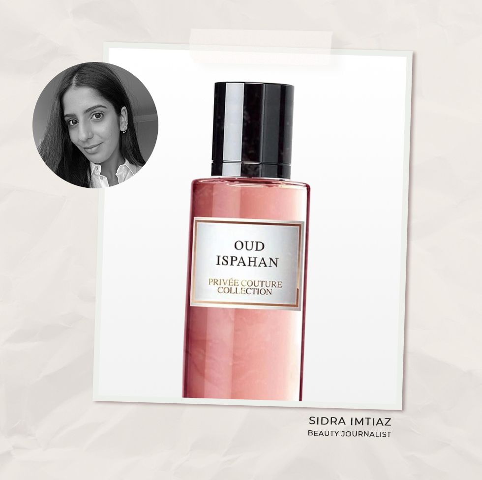 collage of sidra imtiaz and a dior fragrance