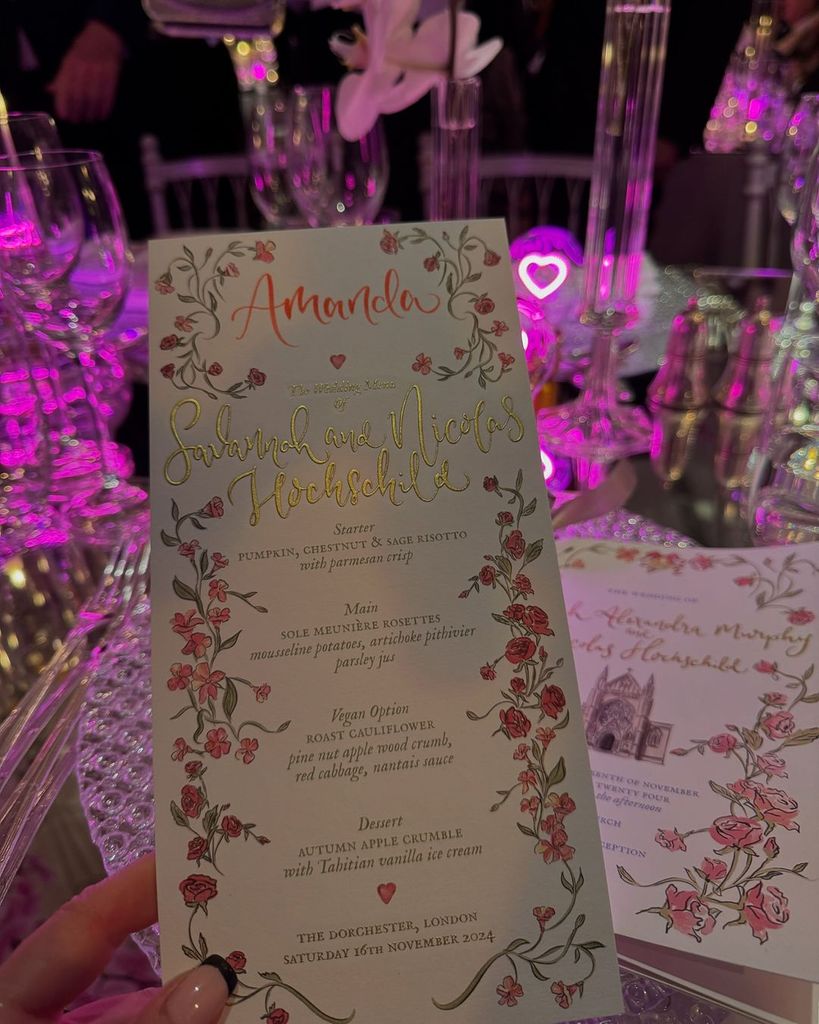 The menu served to wedding guests at the Dorchester