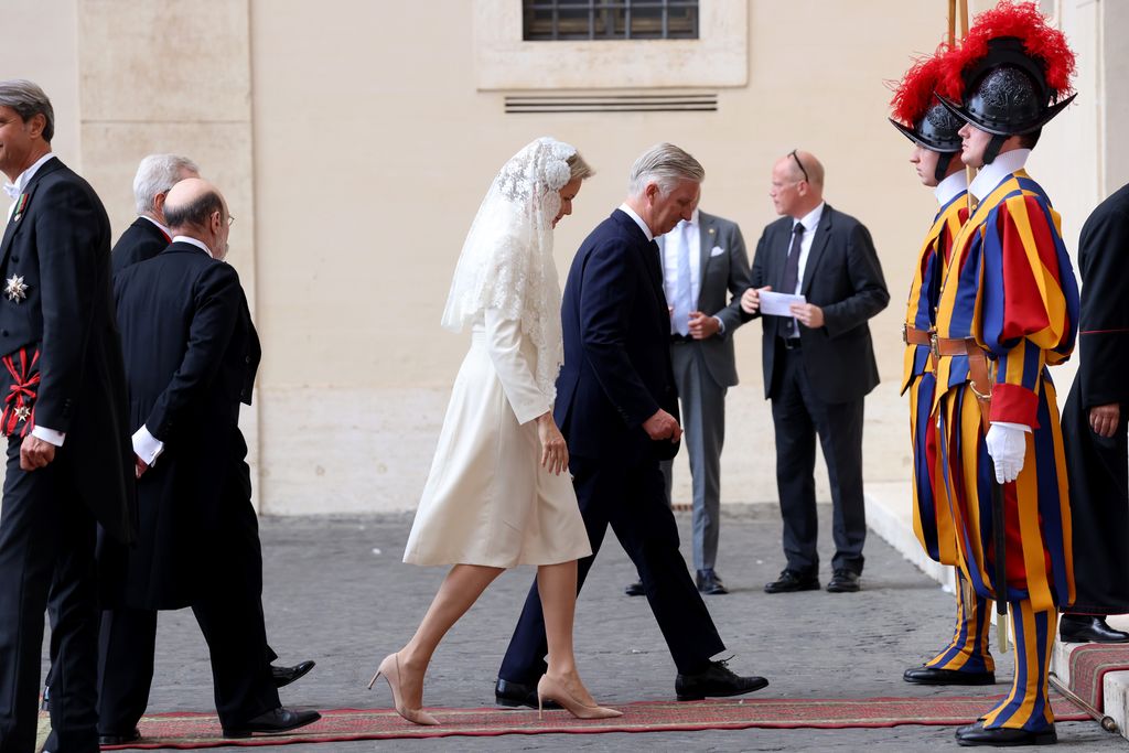 King Philippe And Queen Mathilde of Belgium arrive at San Damaso courtyard of the Apostolic Palace for an audience with Pope Leo XIV on October 27, 2025 in Vatican City, Vatican. (Photo by Franco Origlia/Getty Images)