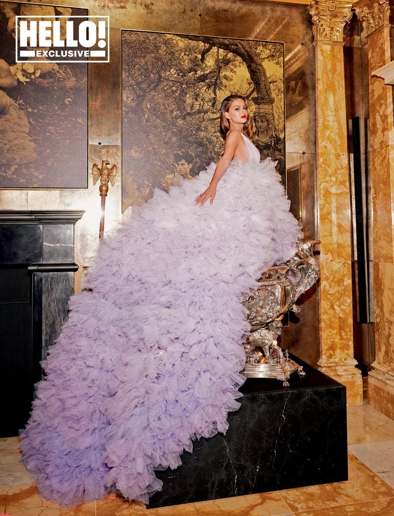 Natasha Poonawalla HELLO! exclusive shoot wearing lilac tulle dress at home