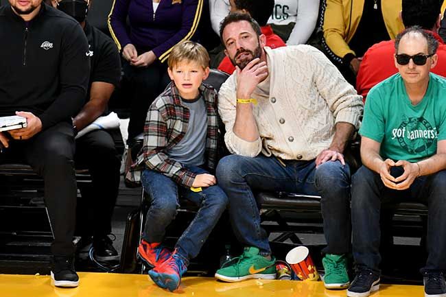 Ben Affleck sat with his young son Samuel chatting while watching a basketball game