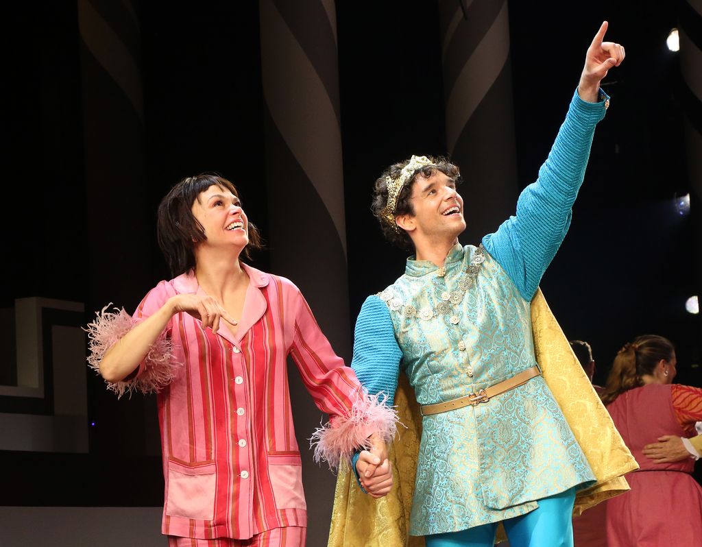 Sutton Foster as "Princess Winnifred" and Michael Urie as "Prince Dauntless" during the curtain call on closing night of New York City Center Encores! production of "Once Upon a Mattress" at New York City Center on February 4, 2024 in New York City.