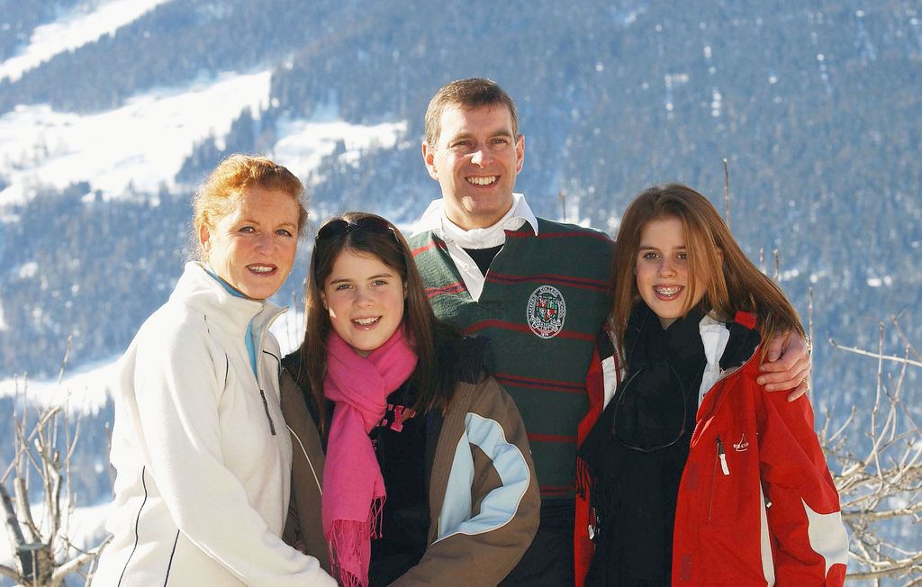 Sarah Ferguson, Princess Eugenie, Prince Andrew and Princess Beatrice on a mountain