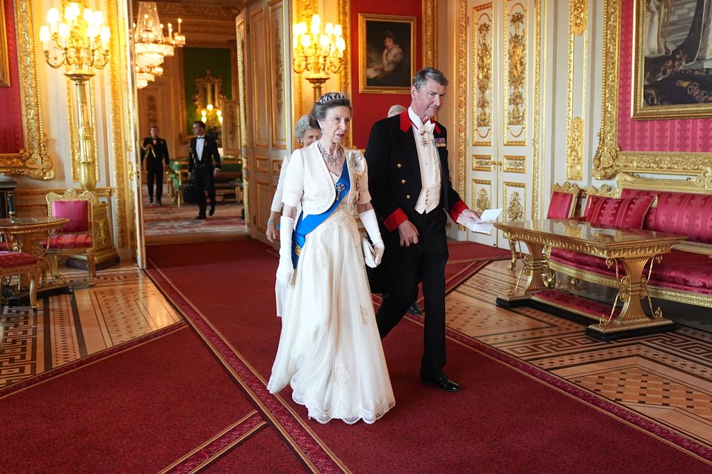 Princess Anne, Princess Royal and Vice Admiral Sir Tim Laurence arrive for the State Banquet 