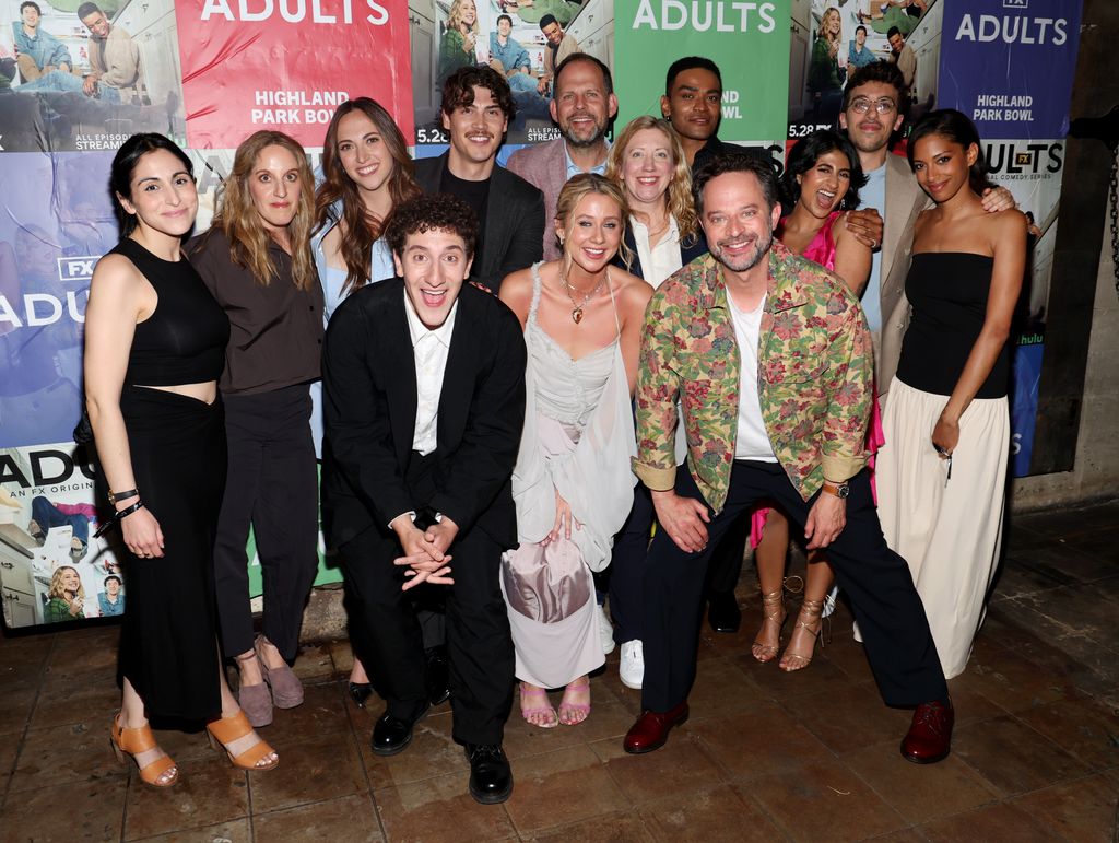 Sarah Naftalis, Alicia Van Couvering, Rebecca Shaw, Jack Innanen, Nick Grad, Kate Lambert, Owen Thiele, Amita Rao, Ben Kronengold, Stefani Robinson, (front row, L-R) Malik Elassal, Lucy Freyer, and Nick Kroll attend FX's "Adults" premiere 