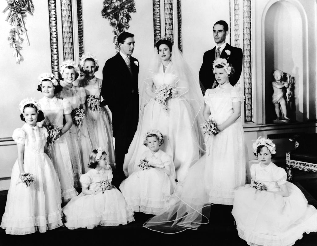 Antony Armstrong-Joens and Princess Margaret surrounded by bridesmaids