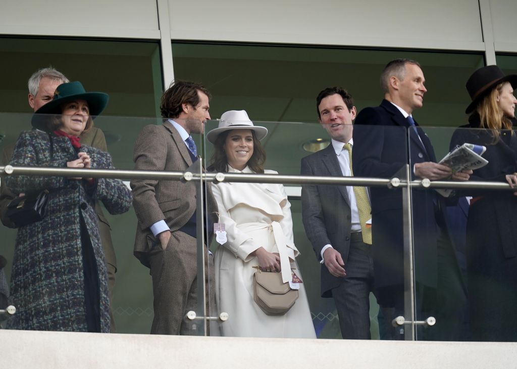 Princess Eugenie and Jack Brooksbank watch the the Gallagher Novices' Hurdle