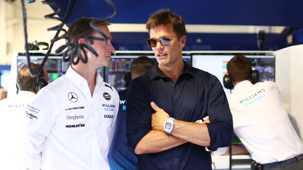 Tom Brady looks on in the Williams garage during practice ahead of the F1 Grand Prix of Miami at Miami International Autodrome on May 03, 2024 in Miami, Florida