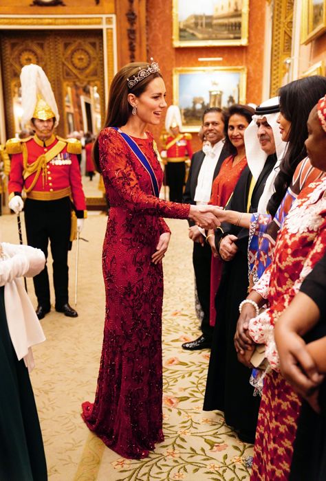 kate middleton wears red sequin dress by jenny packham and lotus flower tiara