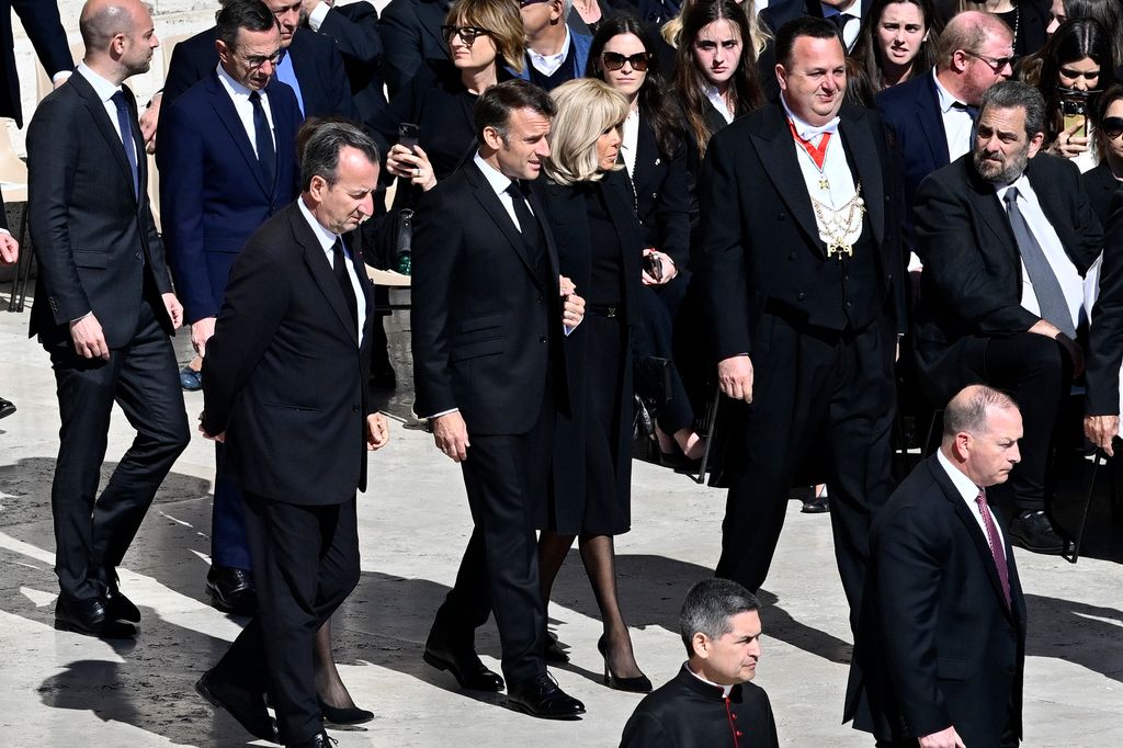  France's President Emmanuel Macron and France's First Lady Brigitte Macron arrive at the funeral of Pope Francis 