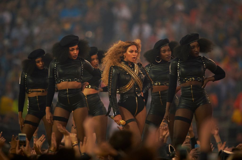 Beyonce performing during halftime show of Denver Broncos vs Carolina Panthers game at Levi's Stadium in 2016 