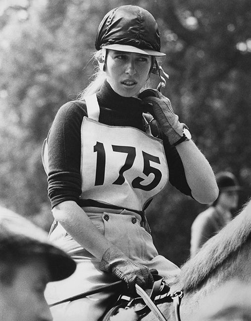 black and white photo of princess anne horse riding