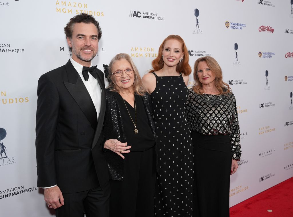 Gian Luca Passi de Preposulo, Marilyn Herst, Jessica Chastain and Jerri Chastain attend the 38th Annual American Cinematheque Awards 