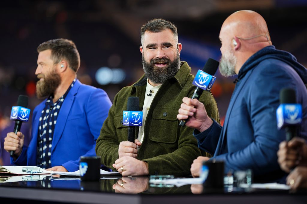 Jason Kelce visits on set of the Amazon Prime TNF pregame show prior to an NFL football game 